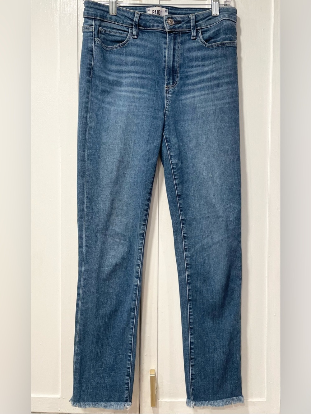 PAIGE Hoxton Slim Crop Jeans Medium Wash Frayed Hem Size 28